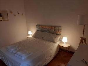 a bedroom with a white bed with two lamps at La Casina della Volpe in Prato