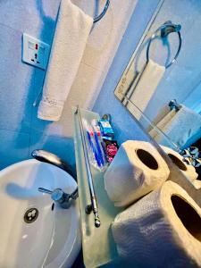 une salle de bain avec un lavabo et un rouleau de papier toilette dans l'établissement Mount Everest Hotel & Resort Nagarkot, à Nagarkot