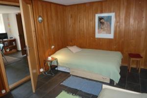 ein Schlafzimmer mit einem Bett in einer Holzwand in der Unterkunft Ferienwohnung-Brienz in Brienz