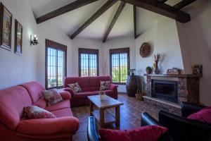 Iznate的住宿－Casa Mirador Las claras Con Piscina privada jardin y AireAcodicionado，客厅设有红色的沙发和壁炉