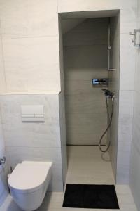 a small bathroom with a toilet and a shower at Apartment Zrnovska Banja 17457b in Korčula