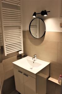 ein Bad mit einem Waschbecken und einem Spiegel in der Unterkunft Studio au cœur des Vosges avec une magnifique vue in La Bresse