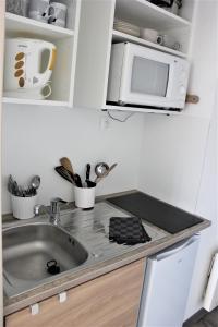 eine Küche mit einer Spüle und einer Mikrowelle in der Unterkunft Studio au cœur des Vosges avec une magnifique vue in La Bresse