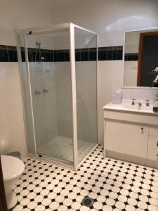 a bathroom with a shower and a toilet and a sink at Black Range Lodge in Tumbarumba
