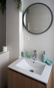 uma casa de banho com um lavatório branco e um espelho. em *Green Organic* Balcon & Garage em Clermont-Ferrand