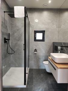 a bathroom with a shower, toilet and sink at Hotel Kormoran Resort & SPA in Sulęcin