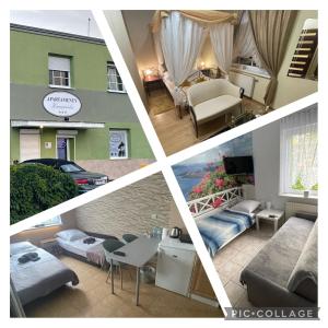 a collage of four pictures of a living room at Apartamenty Konopnicka in Bydgoszcz