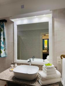 a bathroom with a sink and a tub and a mirror at Cap Jean Marie Beach Villas in Anse Kerlan