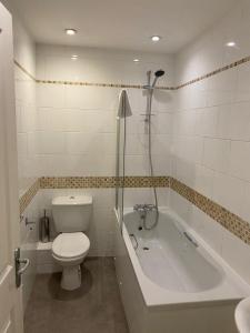 a bathroom with a toilet and a tub and a sink at Spacious 3 bed flat a stones throw from the beach in Pakefield