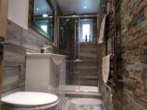 a bathroom with a toilet and a glass shower at Lledr House Hostel near two Zip World sites in Dolwyddelan