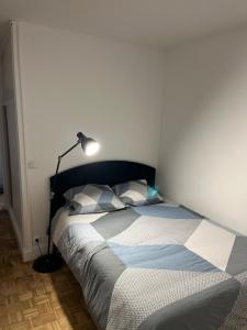 ein Schlafzimmer mit einem Bett mit einer Lampe und Kissen in der Unterkunft Spacieux et confortable appartement en résidence in Pontoise