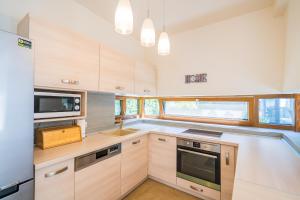 a kitchen with wooden cabinets and a stove top oven at Silver Lodge Siófok in Siófok
