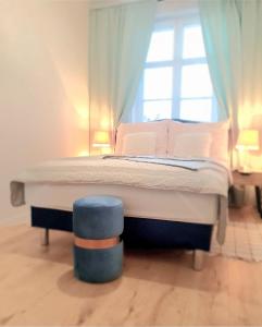 een slaapkamer met een groot bed en een raam bij Apartament Amber Dwie Sypialnie Stare Miasto in Elblag