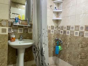 a bathroom with a sink and a shower at Lovely 2-bedroom apartment near AYB school in Dilijan