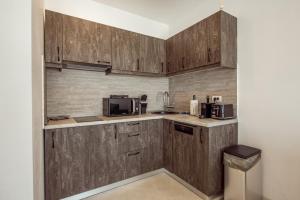 布加勒斯特的住宿－Fancy Penthouse Studio with Lakeview W10，一间带木制橱柜和微波炉的厨房