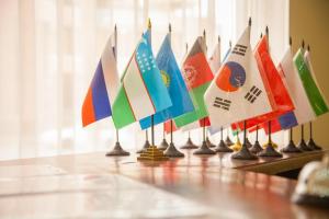 a row of different flags on a table at Rangrez Hotel in Bukhara
