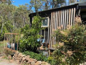 une cabane en bois avec une fenêtre dans un jardin dans l'établissement ReThynk Unique Tiny home East Jindabyne, à Jindabyne