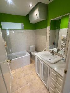 uma casa de banho com paredes verdes, uma banheira e um lavatório. em La Terraza de los Infantes em Zamora