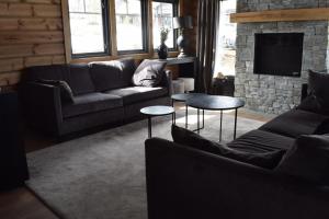 a living room with two couches and a fireplace at Trysilsetra 35 in Trysil