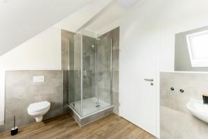 a bathroom with a shower and a toilet and a sink at Suite Appartements Da Giovanni in Gladenbach