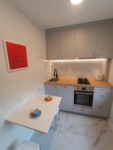 a kitchen with white cabinets and a white counter top at Dariaus ir Girėno 6 Apartments in Vilnius