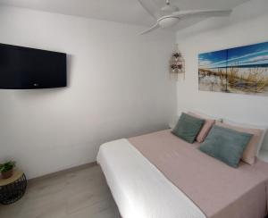 Schlafzimmer mit einem Bett und einem Flachbild-TV in der Unterkunft Paradise room near the beach in Playa Honda