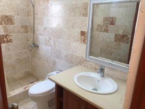 ein Bad mit einem Waschbecken, einem WC und einer Dusche in der Unterkunft Punta Rucia Cristal Beach in Punta Rucia