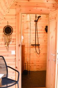 a room with a shower in a wooden cabin at Champagne Philippe Martin in CumiÃ¨res