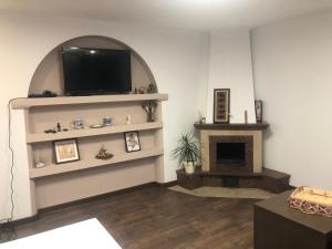 a living room with a fireplace and a flat screen tv at Friends Hostel in Chişinău