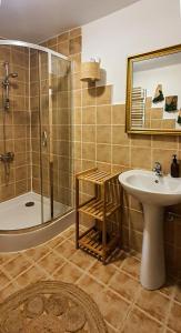 La salle de bains est pourvue d'un lavabo et d'une douche. dans l'établissement Siedlisko Liskowate - Bieszczady, à Ustrzyki Dolne