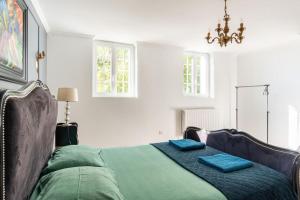 La Desverie的住宿－Maison pour les vacances et les événements 12 personnes，一间卧室配有一张带蓝色枕头的床。