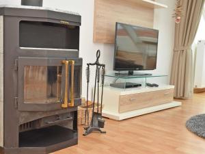 a living room with a fireplace and a tv at Apartmenthaus Jahreszeiten - Meerblick-Fewo 28 in Binz