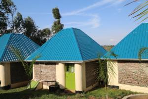 dom z dwoma niebieskimi dachami i zielonymi drzwiami w obiekcie Sina Village w mieście Mpigi