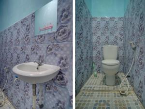 Duas fotografias de uma casa de banho com WC e lavatório. em SPOT ON 91637 Hotel Adela em Laguboti