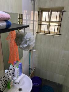 a bathroom with a sink and a window at NUMBERS FLIPPERS SERVICES Apartment in Ikeja