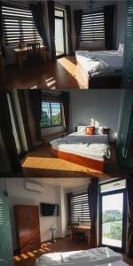 two pictures of a bedroom with a bed and a room with windows at Nhà của Elly in Da Nang
