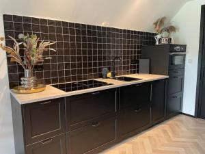 een keuken met een wastafel en een muur met zwarte tegels bij Luxe Vakantiehuis met optionele privé Wellness in Zuidwolde