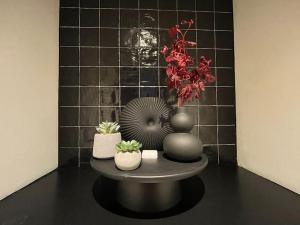Luxe Vakantiehuis met optionele privé Wellness في Zuidwolde: طاولة عليها ثلاث نباتات