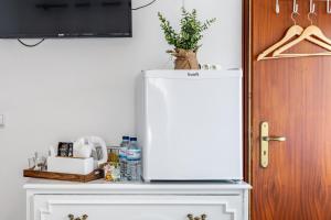 a white refrigerator with a plant on top of a cabinet at Carepa SUITES in Nazaré