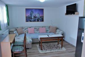 ein Wohnzimmer mit einem Sofa und einem Tisch in der Unterkunft Ubytovanie u Vlada in Medzilaborce