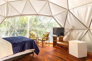 Jângala Glamping Natureza في جوكيتيبا: غرفة نوم بسرير وتلفزيون في خيمة
