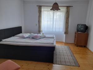 ein Schlafzimmer mit einem Bett und einem TV in einem Zimmer in der Unterkunft Casa Teonia in Tăşnad