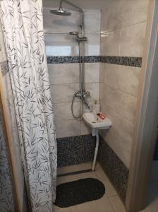 ein Bad mit einer Dusche und einem Waschbecken in der Unterkunft Ubytovanie u Vlada in Medzilaborce