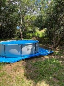 a blue boat sitting on the grass next to trees at La casa del monte - Naturaleza y cielo nocturno in Villa Serrana