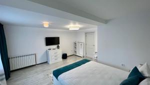 um quarto com uma cama e uma televisão de ecrã plano em Casa Nicola em Mila Douazeci si Trei