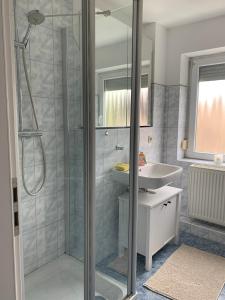 La salle de bains est pourvue d'une douche et d'un lavabo. dans l'établissement ruhige drei Zimmer Eigentumswohnung, 