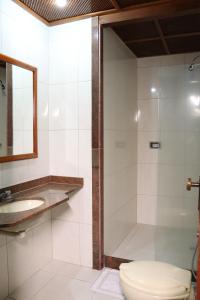 uma casa de banho com um chuveiro, um WC e um lavatório. em Station Hotel (Adults Only) no Rio de Janeiro