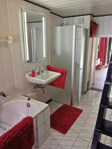 een badkamer met een bad, een wastafel en een douche bij Wohnung Waltraud in Plattenburg