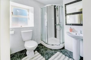 a bathroom with a shower and a toilet and a sink at 2 Victoria Street in Armagh