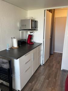 a kitchen with a counter top with a microwave at Studio au pied des pistes 4 pers, Alpes Le Corbier in Le Corbier